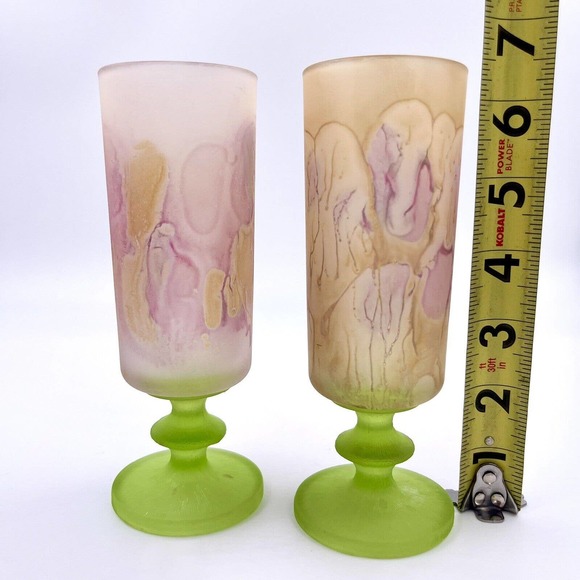 Satin Art Glass Champagne Flutes 2 Painted Frosted Green Textured Stems Cordial - Picture 6 of 6